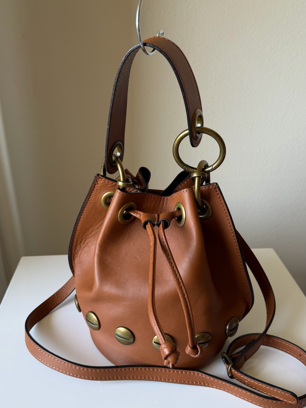 Valentina Fiore Made in Italy Cognac Leather Studded Bucket Bag Crossbody Purse
